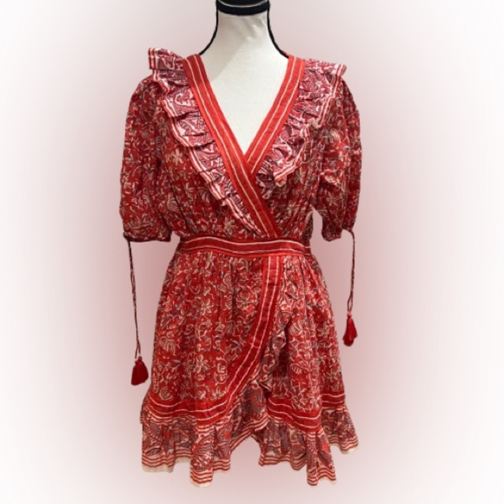 Cleobella Women’s Blair 100% Cotton Floral Ruffle Wrap Mini Dress Red Size 4